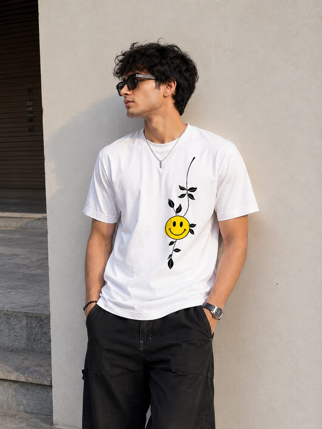 Trendy Smiley Face Graphic White Round Neck T-Shirt